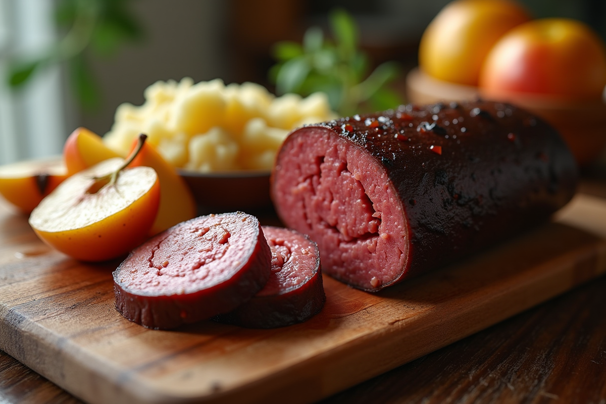 Boudin noir tranché avec pommes sautées sur planche en bois