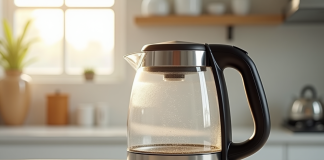 Bouilloire électrique en inox et verre sur plan de travail lumineux
