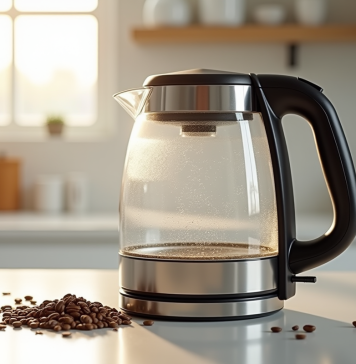 Bouilloire électrique en inox et verre sur plan de travail lumineux