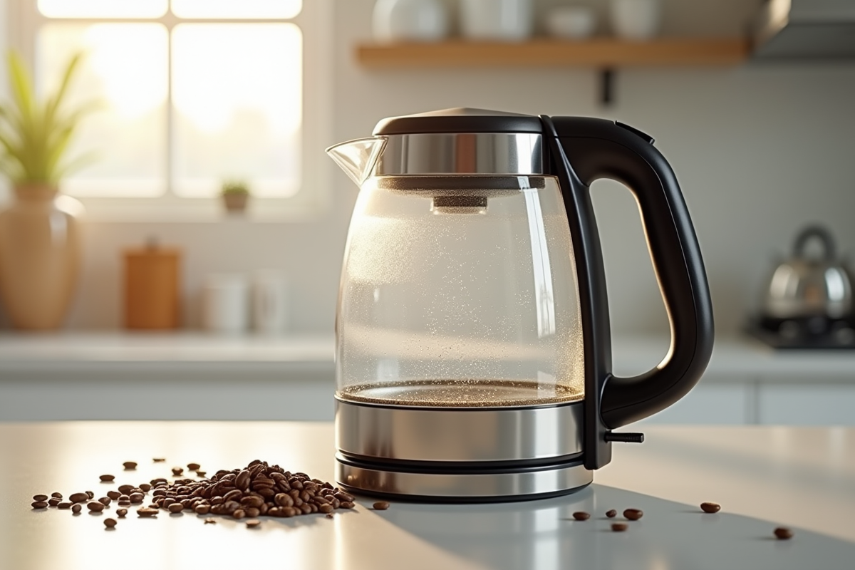 Bouilloire électrique en inox et verre sur plan de travail lumineux