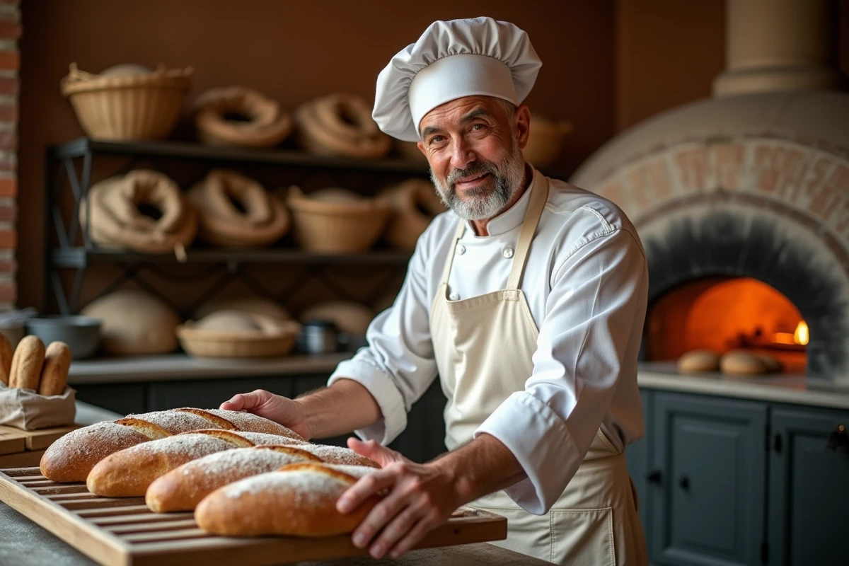 Boulanger français disposant des baguettes dorées sur un rack en bois dans une boulangerie artisanale traditionnelle