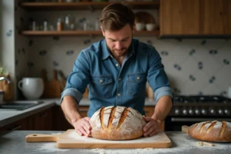 Homme moyenâgeux sciant un pain rustique dans la cuisine