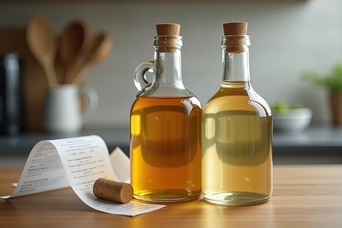 Bouteilles de vinaigre blanc et de cidre de pomme sur une table en bois avec une carte de certification halal