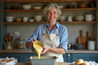 Femme bretonne verse la pate dans un moule en cuisine rustique