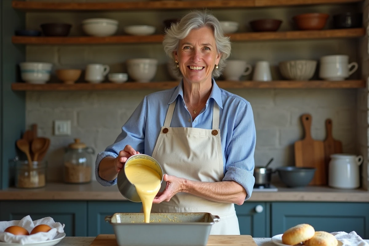 Femme bretonne verse la pate dans un moule en cuisine rustique
