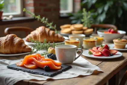 Table de brunch maison façon buffet décontracté avec croissants, fruits frais et petits plats à partager sur une table en bois rustique