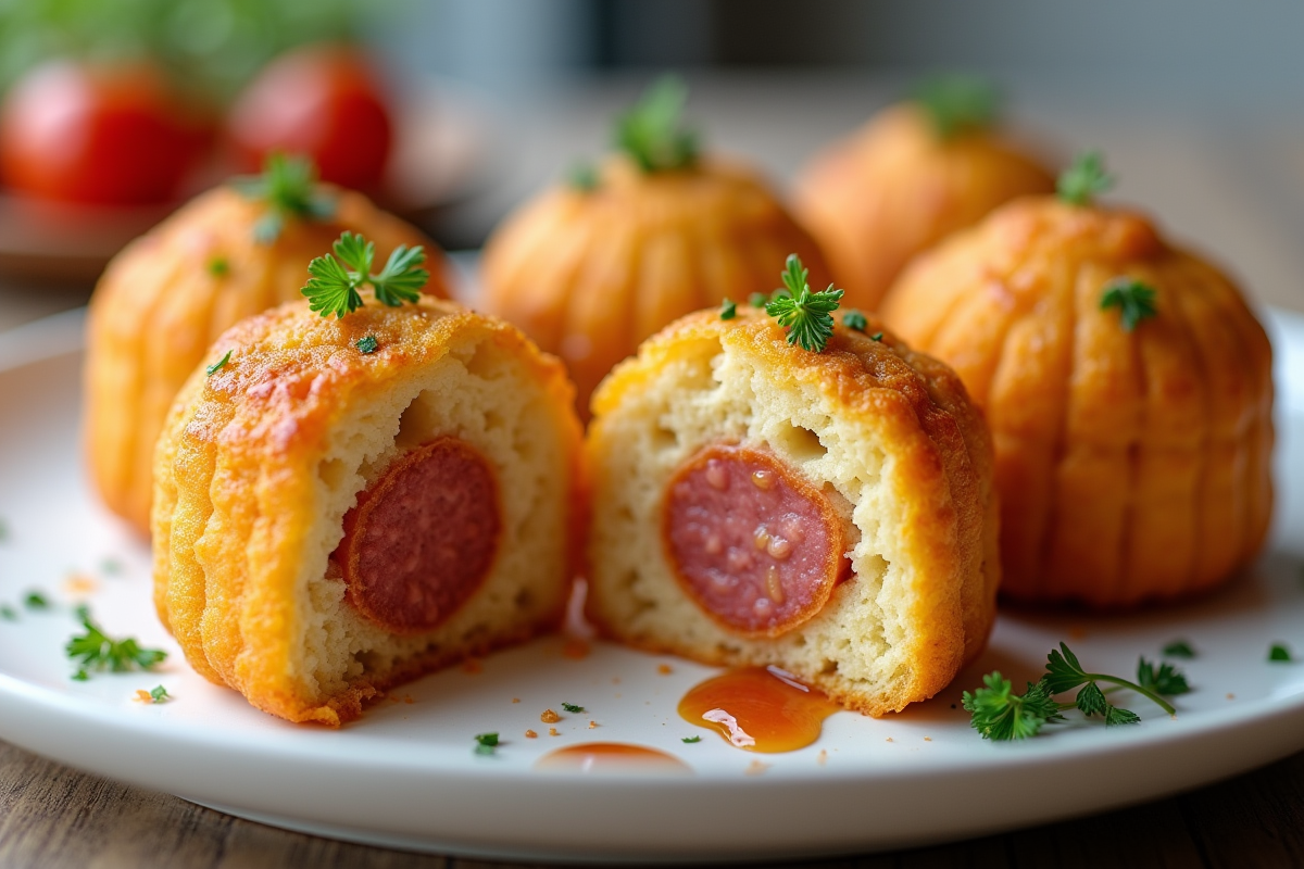 Cannelés au chorizo coupé en deux dans une assiette moderne