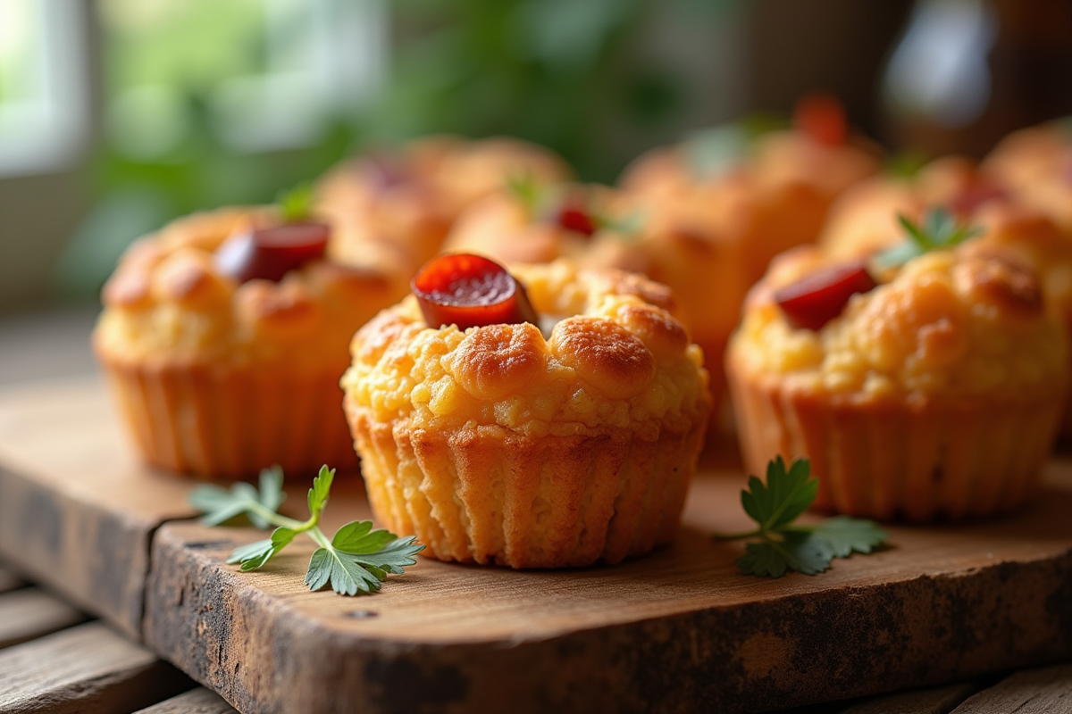 Cannelés au chorizo sur planche en bois rustique