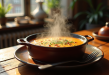 Carbonade flamande dans une cocotte en fonte sur une table en bois
