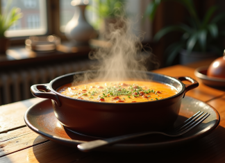 Carbonade flamande dans une cocotte en fonte sur une table en bois
