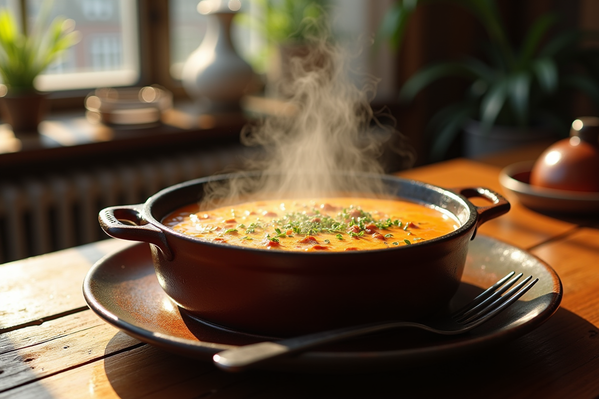 Carbonade flamande dans une cocotte en fonte sur une table en bois