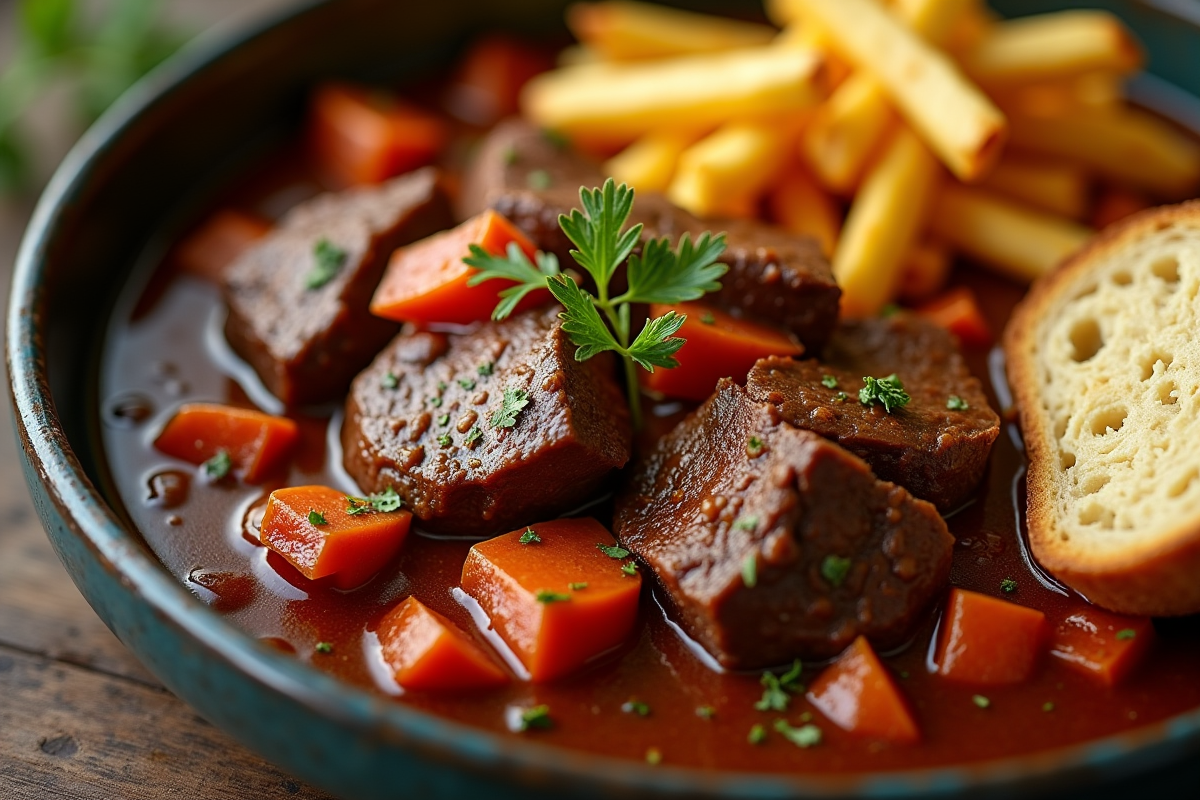 Gros plan sur la carbonade flamande avec frites dorées et pain rustique