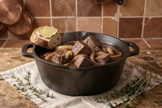 Carbonnade flamande ch'ti mijotée dans une cocotte en fonte sur une table en bois rustique, avec pain moutardé et thym frais