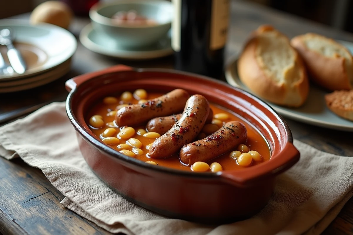 Cassoulet servi dans une assiette en terre cuite avec pain et vin