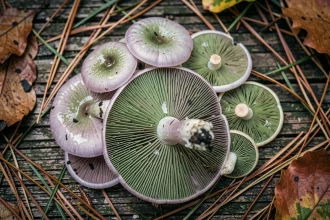 Cueillette de champignons charbonniers frais sur bois brut aux reflets violacés et verts