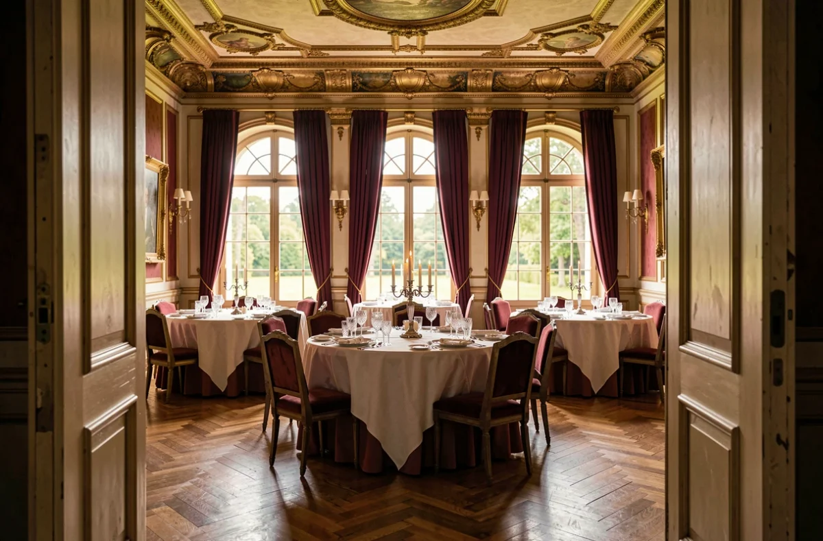 Salle de restaurant gastronomique dans le cadre majestueux du Château de Beaulieu à Busnes avec décor flamand raffiné