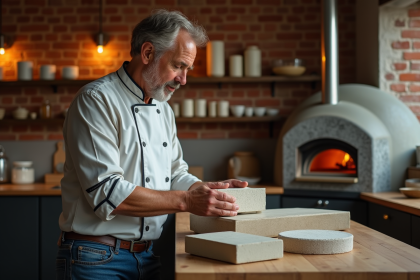 Chef compare pierres réfractaires dans sa cuisine chaleureuse
