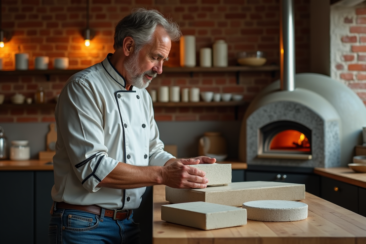 Chef compare pierres réfractaires dans sa cuisine chaleureuse