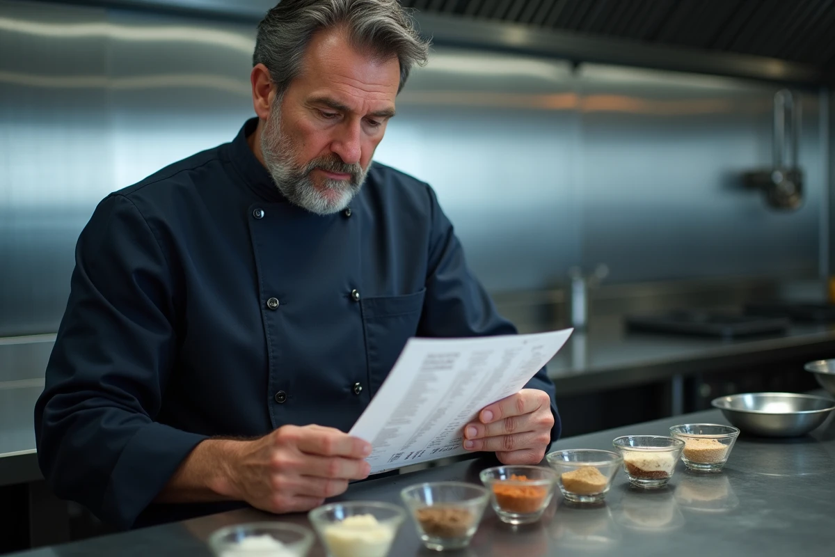 Chef cuisinier consultant un tableau de conversion grammes en centilitres dans une cuisine professionnelle en inox avec ingrédients mesurés