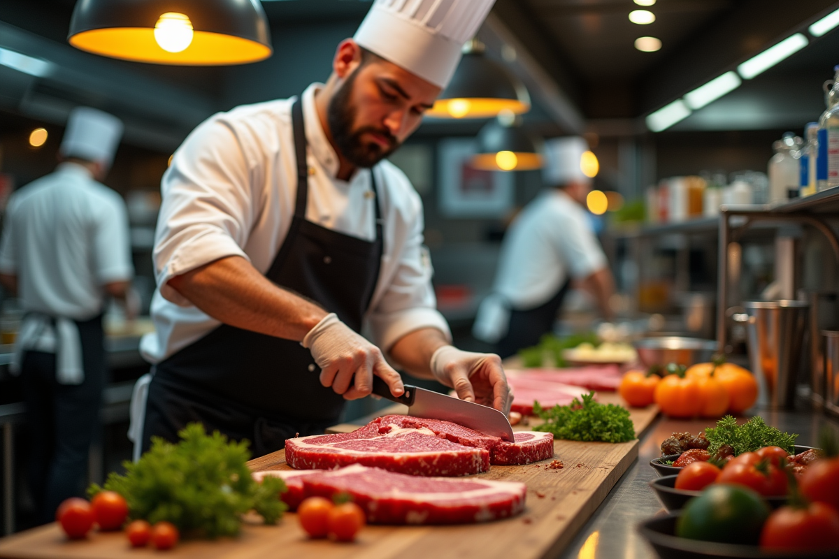 Chef tranchant un morceau de bœuf dans une cuisine lyonnaise animée