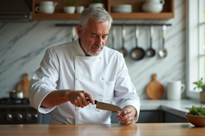 Chef en cuisine examinant deux couteaux dans une cuisine moderne