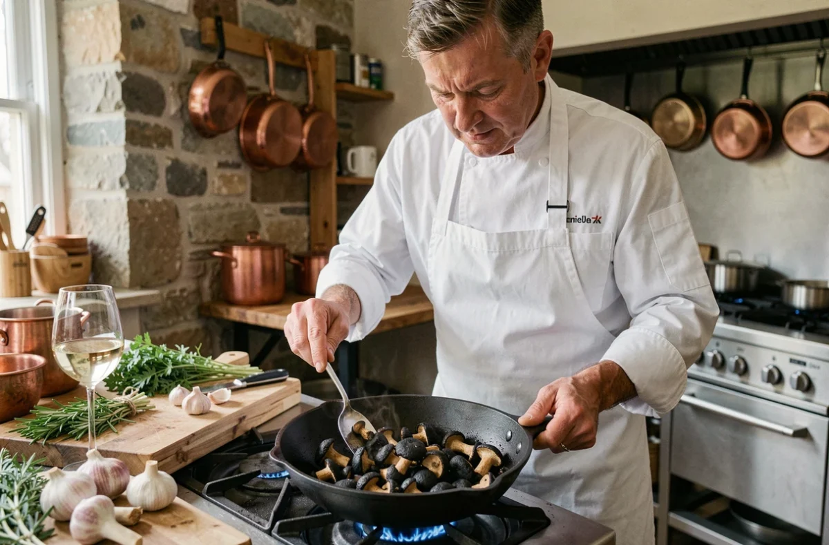Chef cuisinier préparant des champignons charbonniers à la poêle dans une cuisine de restaurant rustique