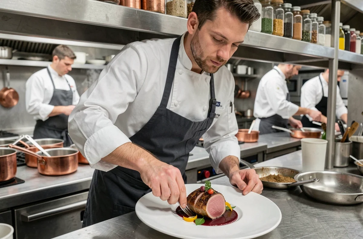 Chef cuisinier dressant une assiette gastronomique dans une cuisine ouverte de restaurant à Lille