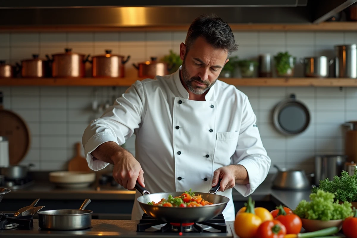 Chef professionnel en cuisine en train de sauter des légumes