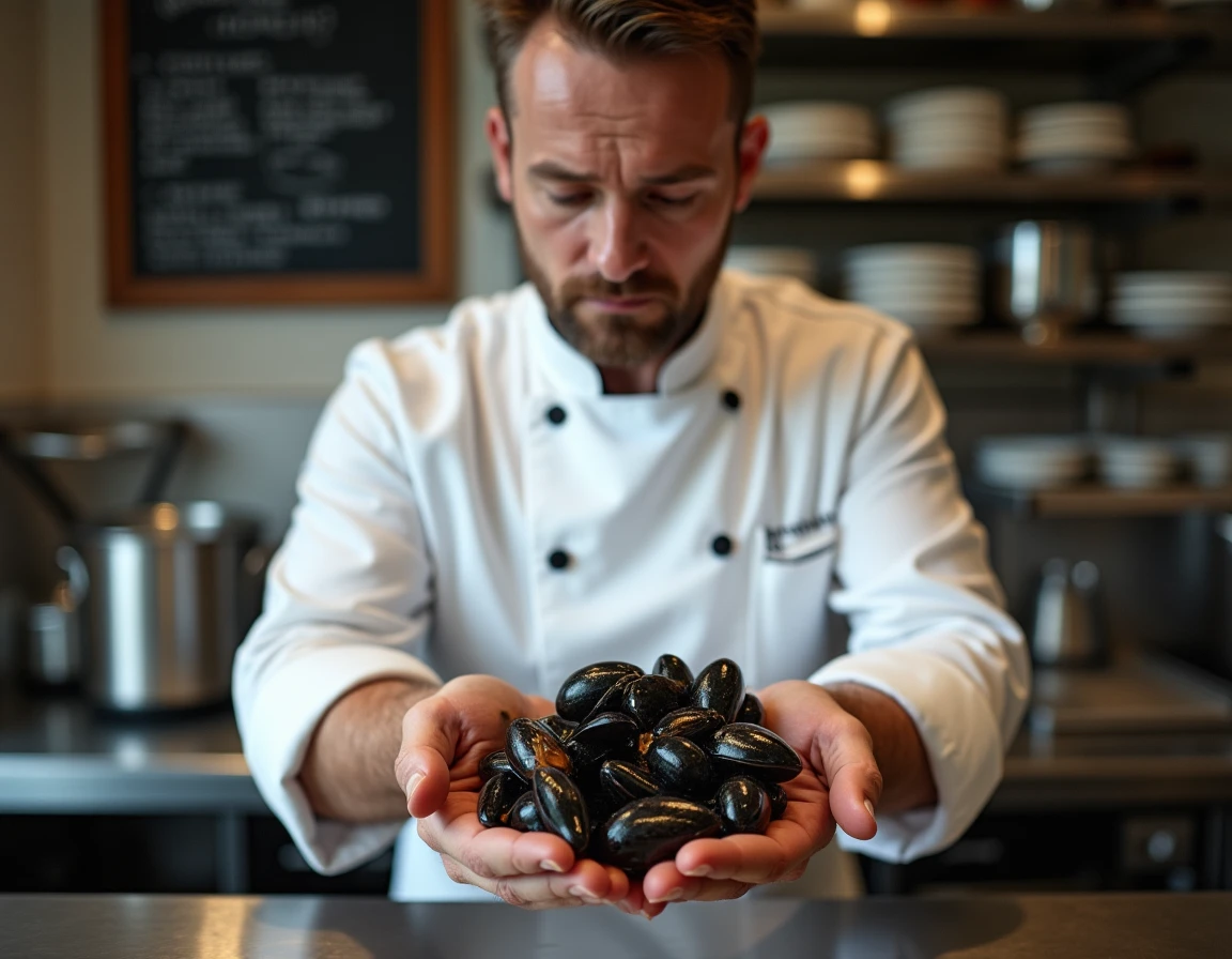 Chef cuisinier inspectant des moules de bouchot fraîches en cuisine dans un restaurant français