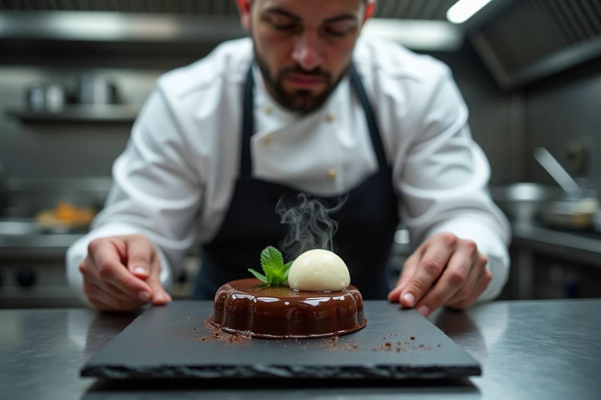 Chef pâtissier en cuisine professionnelle en train de démouler un fondant au chocolat chaud sur une ardoise noire
