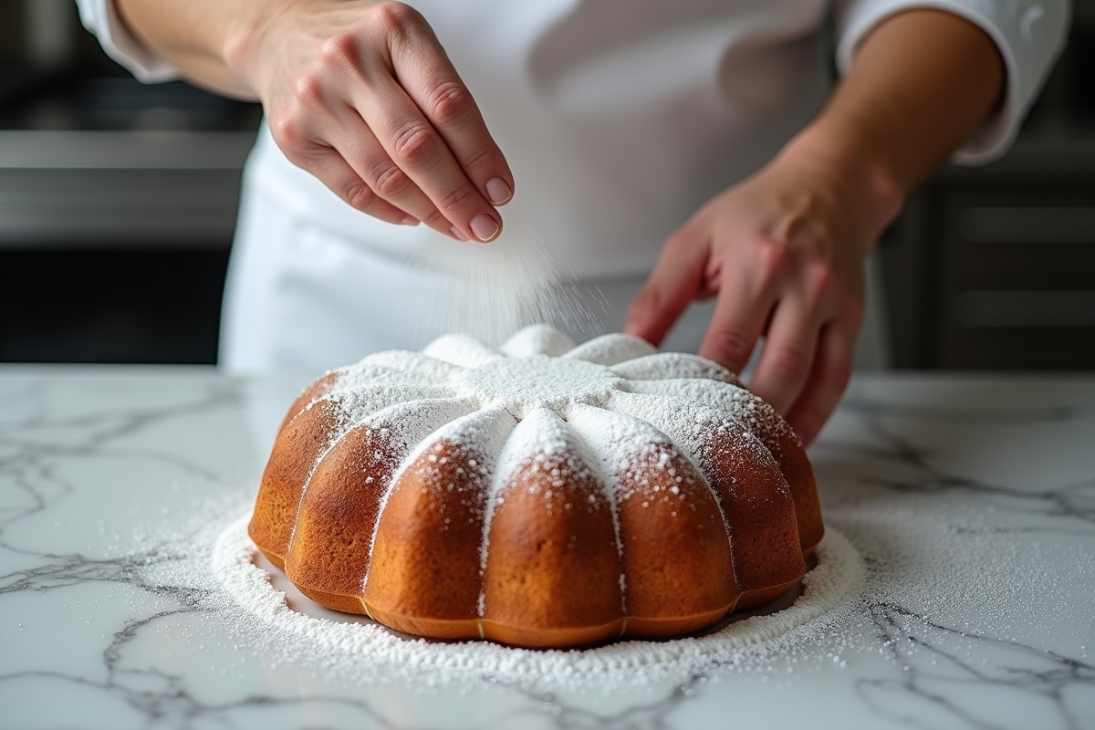 Chef saupoudrant du sucre glace sur un gâteau basque