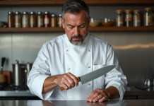 Couteau le plus tranchant : quelle lame détient ce record ? Chef en veste blanche examine un couteau moderne en cuisine