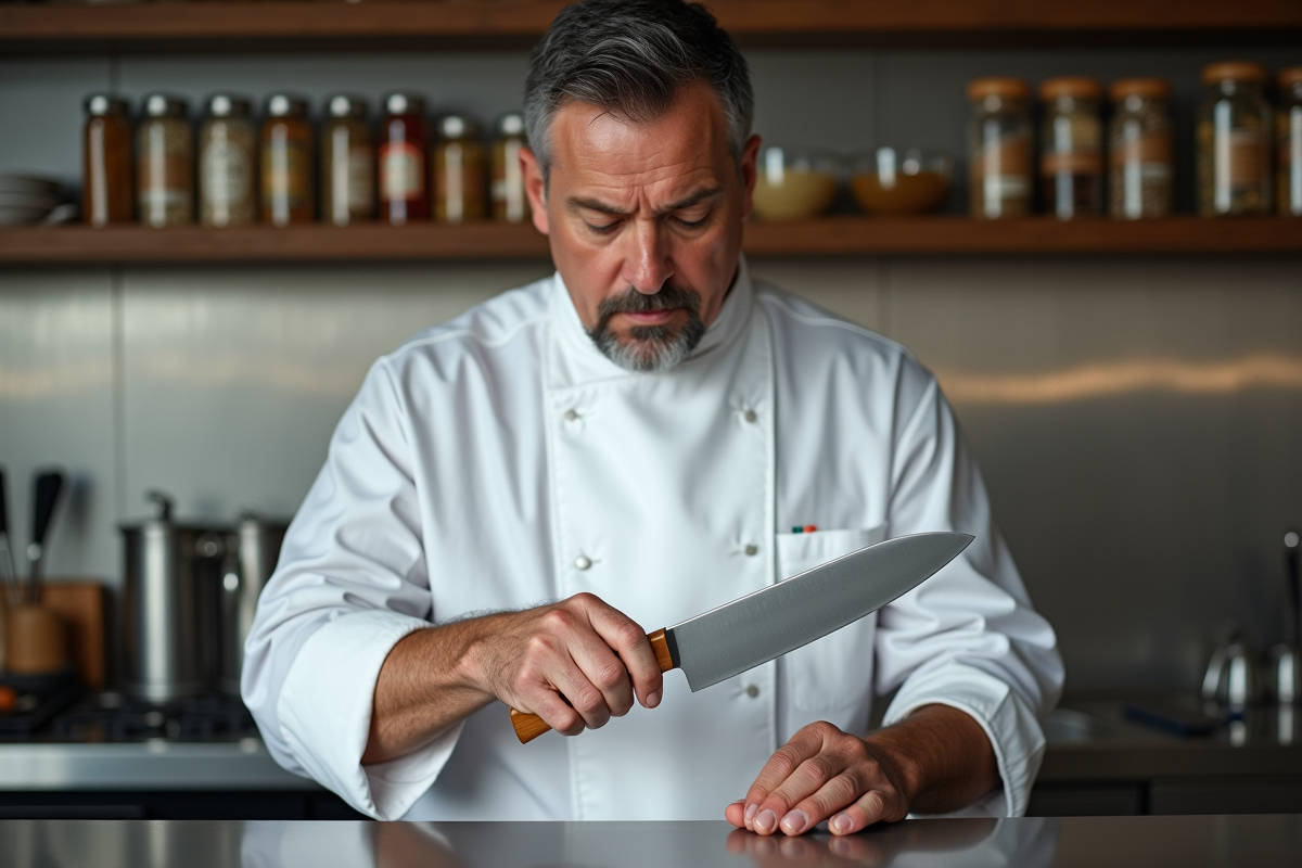 Chef en veste blanche examine un couteau moderne en cuisine