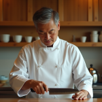 Chef japonais examinant un couteau traditionnel japonais