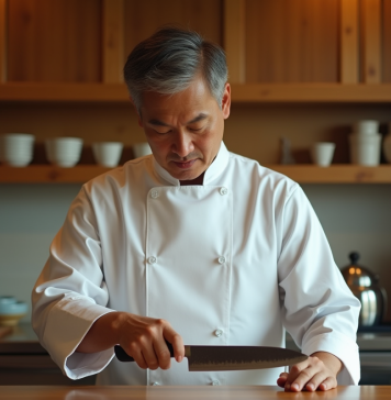 Chef japonais examinant un couteau traditionnel japonais