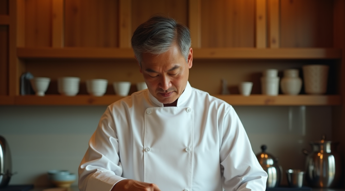 Chef japonais examinant un couteau traditionnel japonais