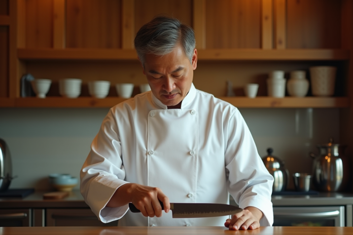 chef-japonais-knife Chef japonais examinant un couteau traditionnel japonais