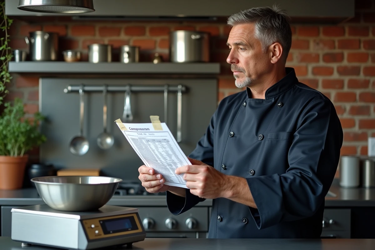 Chef consultant une table de conversion litres kilogrammes &agrave; c&ocirc;t&eacute; d'une balance de pr&eacute;cision professionnelle en cuisine