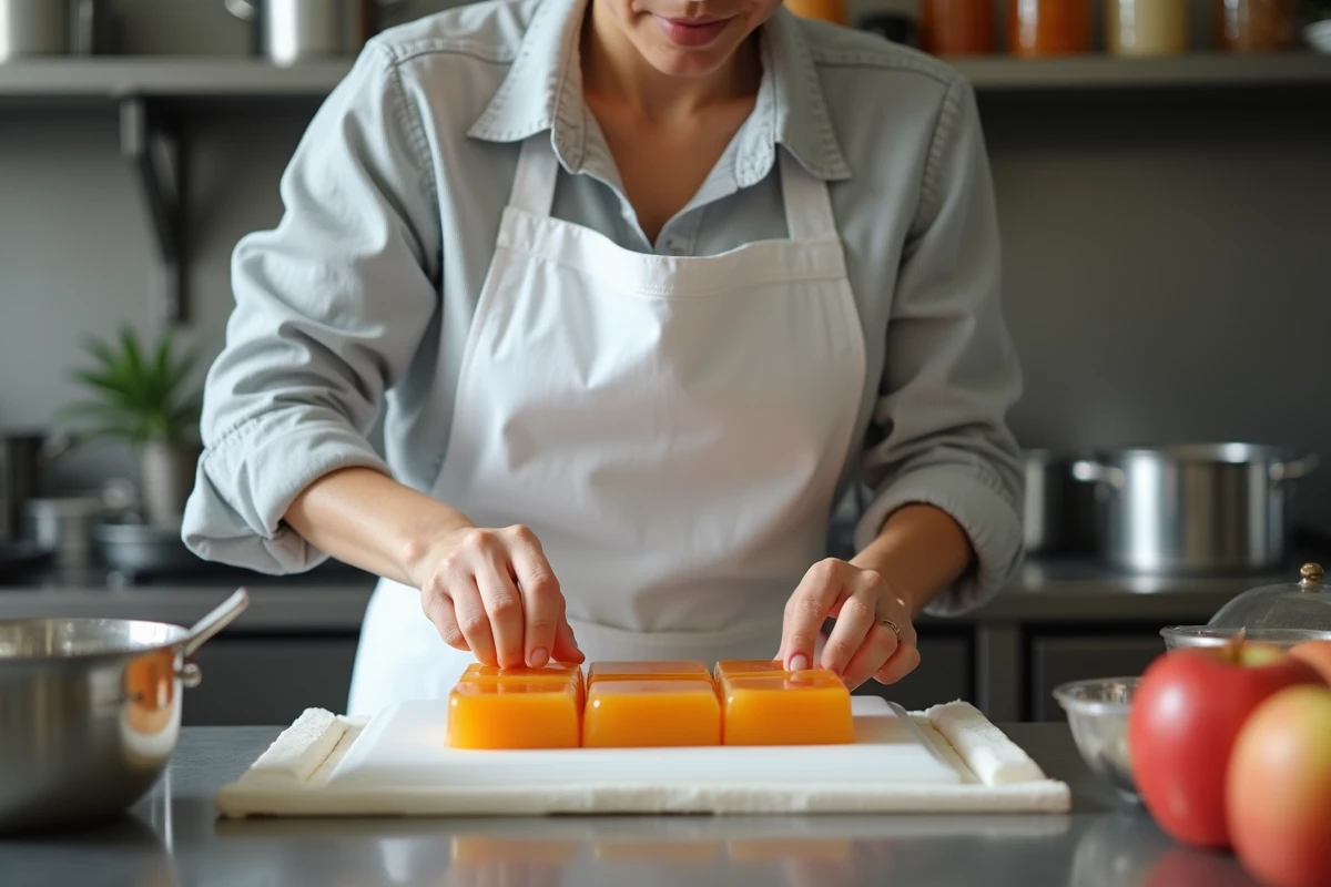 Cheffe pâtissière préparant des pâtes de fruit à la pomme dans un moule silicone en cuisine professionnelle