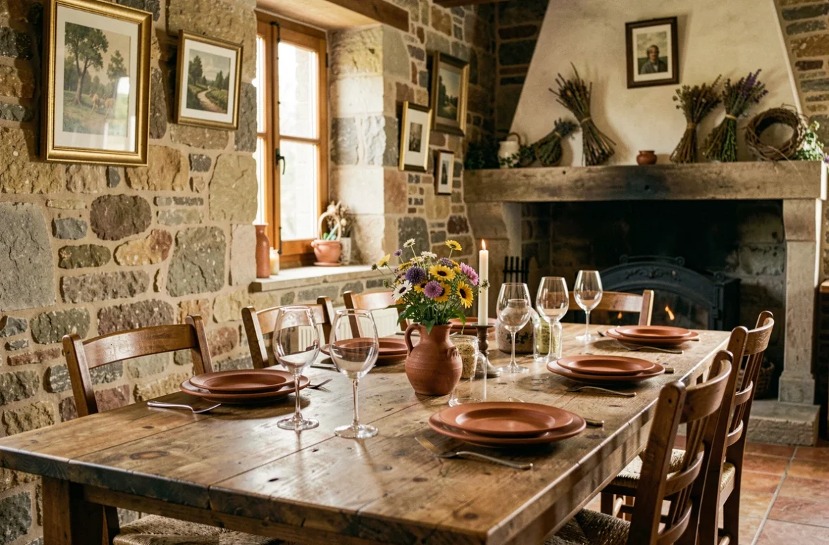 Salle en pierre du restaurant Chez Pierre à Scy-Chazelles avec décor rustique lorrain et table dressée chaleureusement