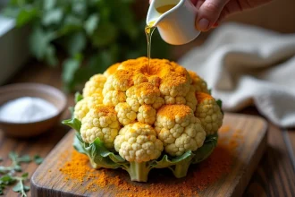 Chou-fleur entier badigeonné d'huile d'olive et d'épices dorées sur une planche en bois avant cuisson au four