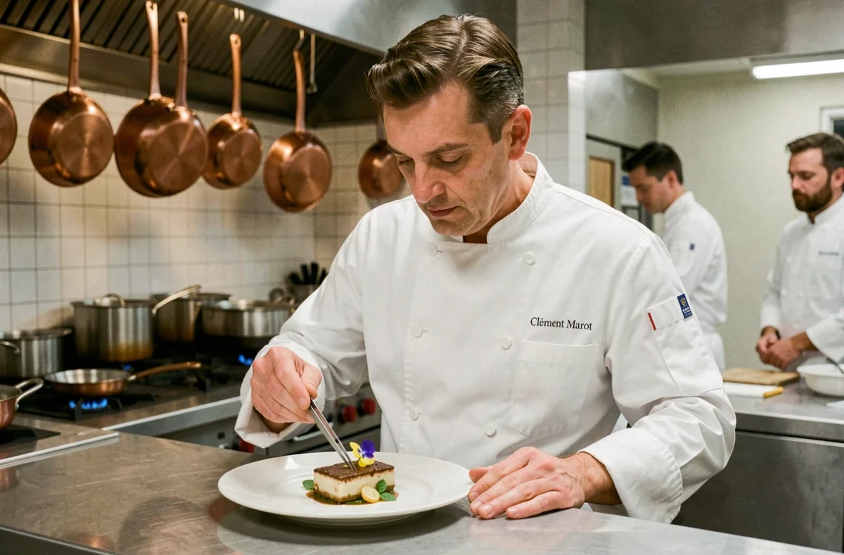 Chef étoilé du restaurant Clément Marot à Cambrai en cuisine en train de dresser une assiette avec précision