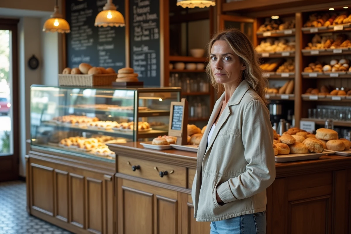 Femme cliente observant la hausse des prix sur le tableau d'une boulangerie française traditionnelle