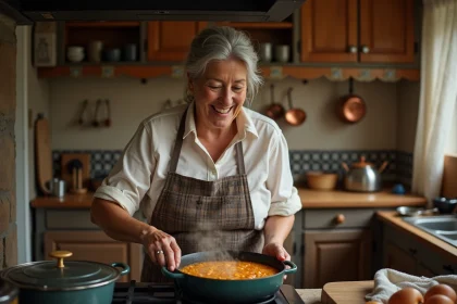 Femme en tablier sortant une cocotte en fonte de four traditionnel
