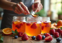 Main versant confiture de fruits maison dans des pots