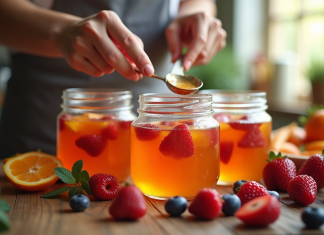 Main versant confiture de fruits maison dans des pots
