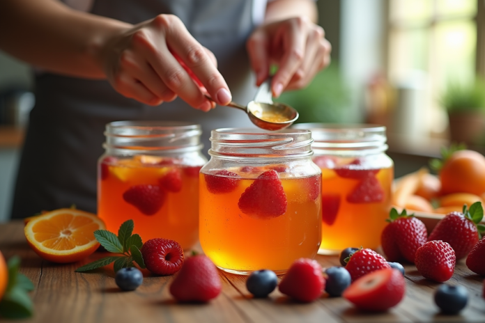 confiture-fruits-maison Main versant confiture de fruits maison dans des pots