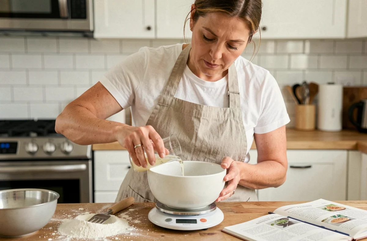 Femme versant un liquide dans une balance de cuisine pour convertir des centilitres en grammes lors d'une recette