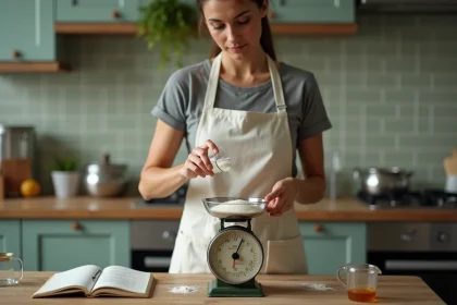 Femme versant 125 grammes de poudre sur une balance de cuisine vintage en bois, avec tasse à mesurer et notes de conversion en arrière-plan