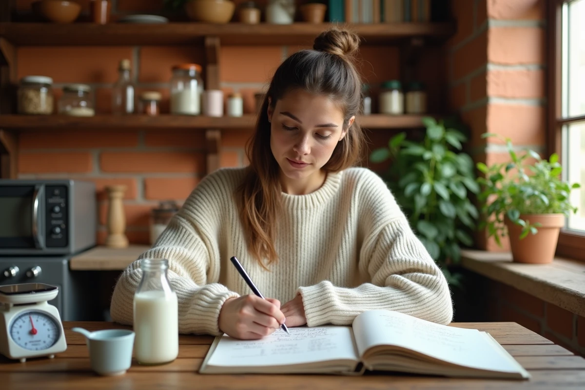 Jeune femme calculant des conversions litres kilogrammes avec une balance de cuisine et des notes manuscrites sur une table en bois